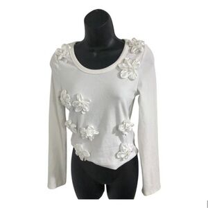 Beautiful 3d sequin flower applique long sleeve white‎ top shirt size medium new